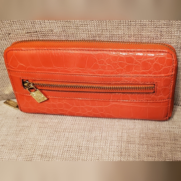 Anne Klein zippered wallet, orange with gold zippers and embellishment lock. - Picture 14 of 15